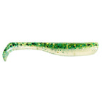 Slim swimbait lure, translucent white with green-speckled dots and glitter