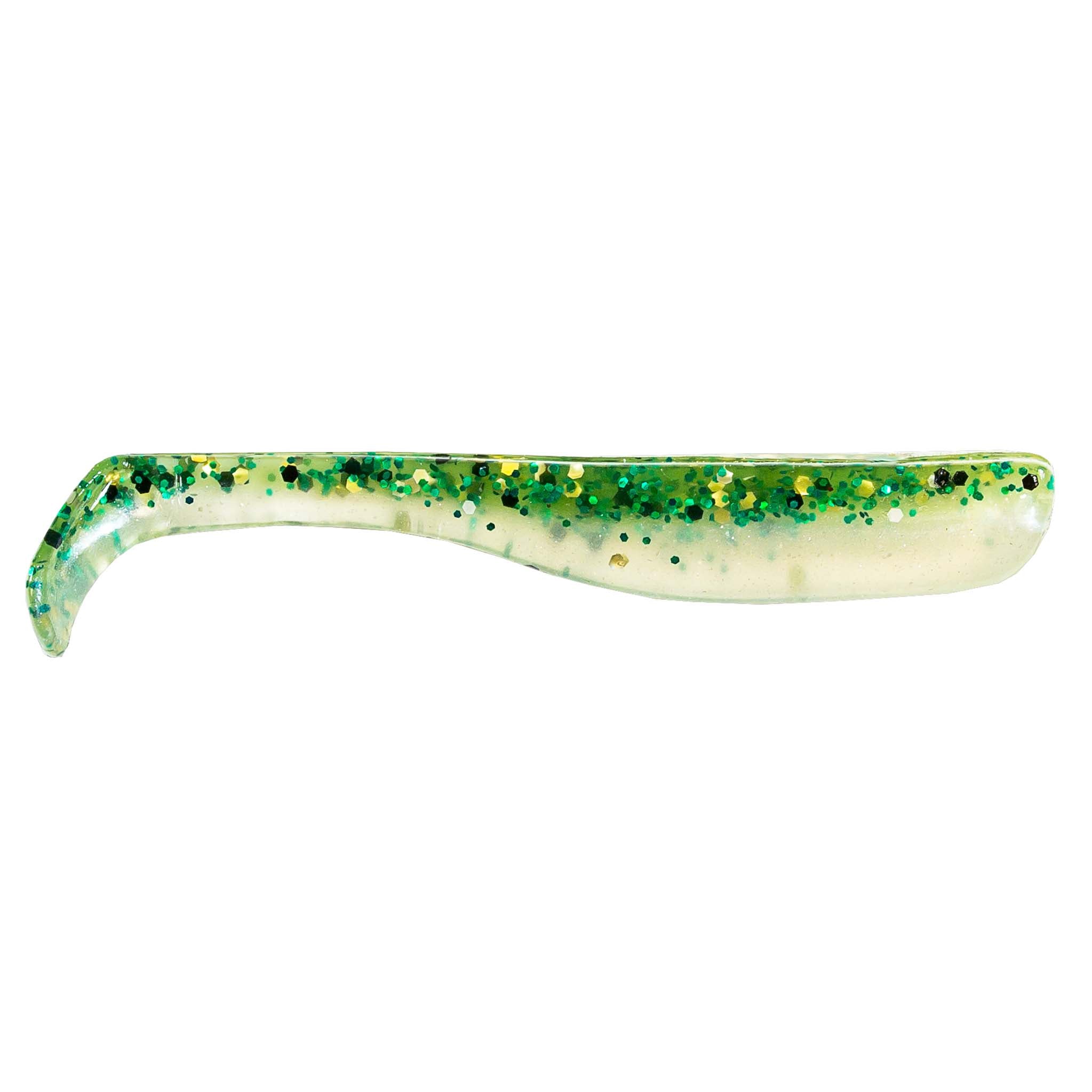 Slim swimbait lure, translucent white with green-speckled dots and glitter