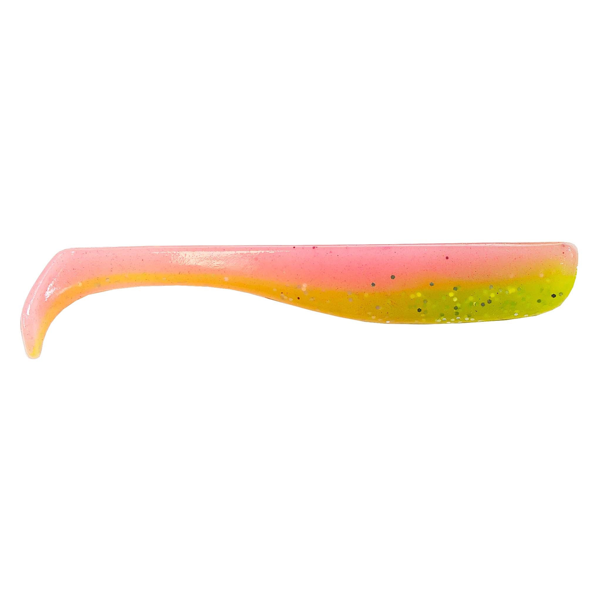 Slim swimbait lure, translucent pink-to-yellow gradient with tiny specks
