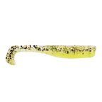 Slim swimbait lure, pale yellow with black-and-brown speckled dots