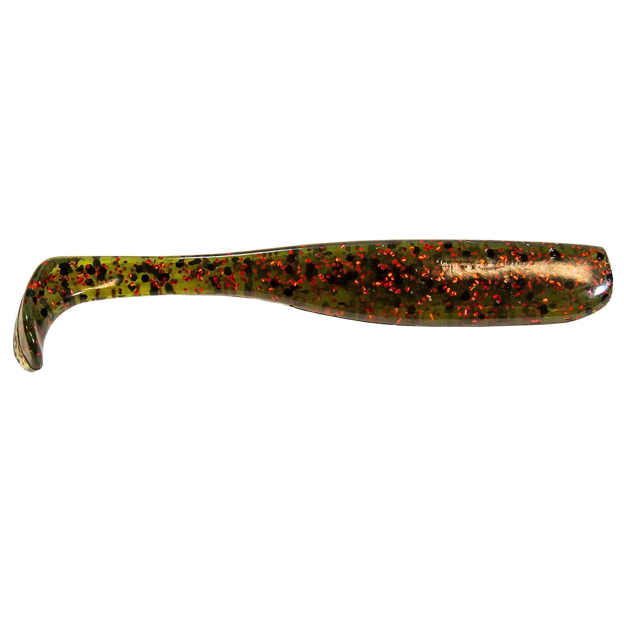 Slim swimbait lure, dark brown with orange-red glitter flecks