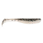 Slim swimbait lure, clear with dark speckles and scattered blue flecks