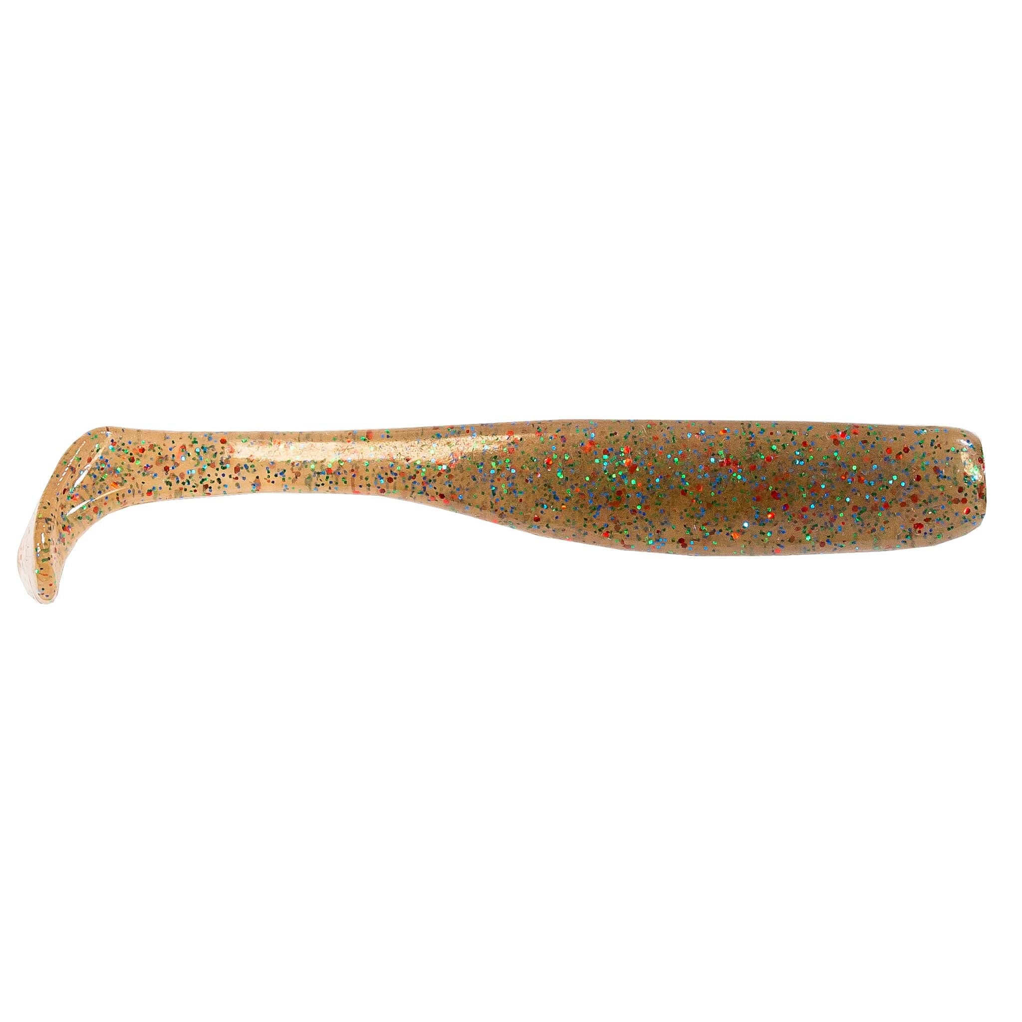 Slim swimbait lure, tan translucent with dense multicolor speckled glitter