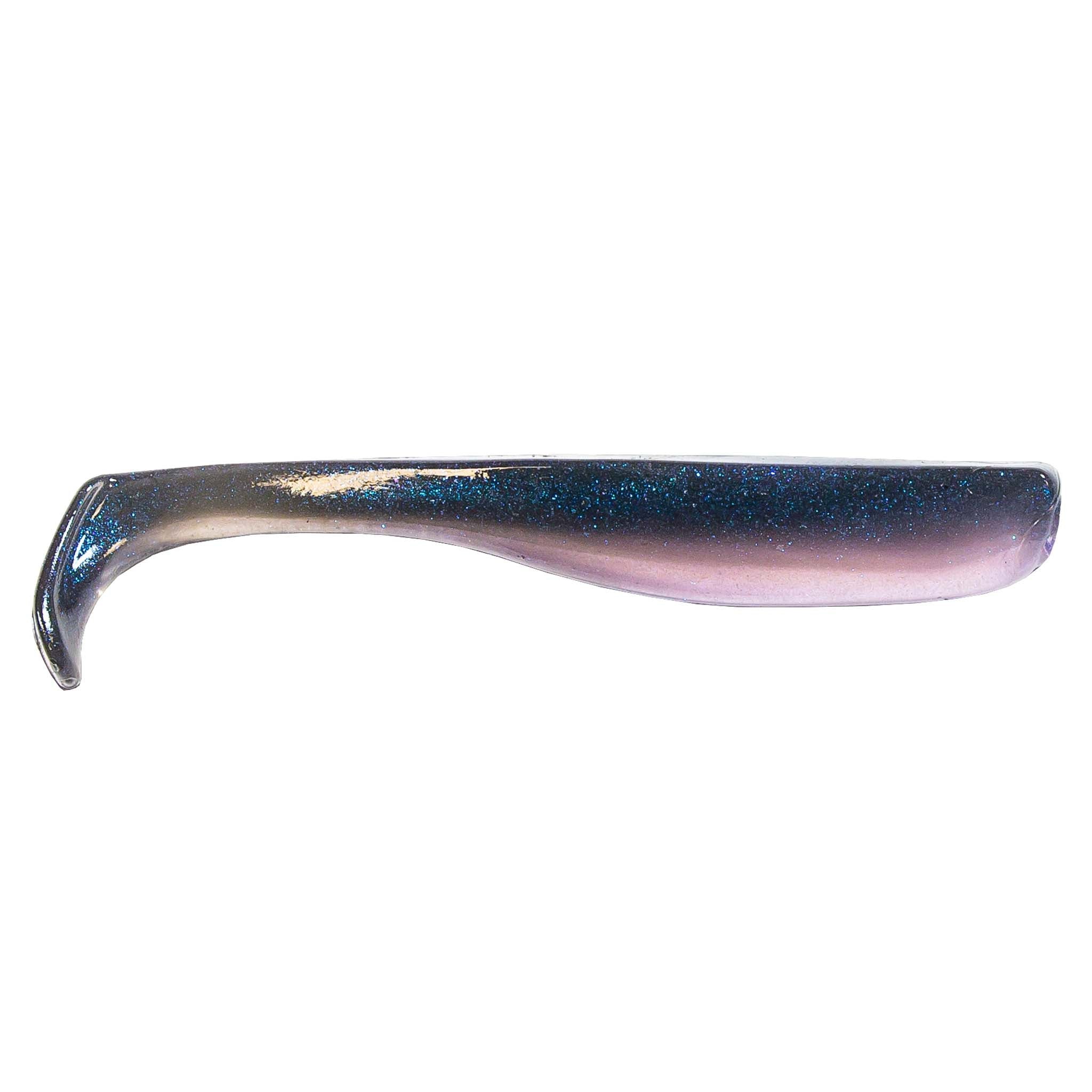 Slim swimbait lure, dark blue-purple translucent with subtle shimmer