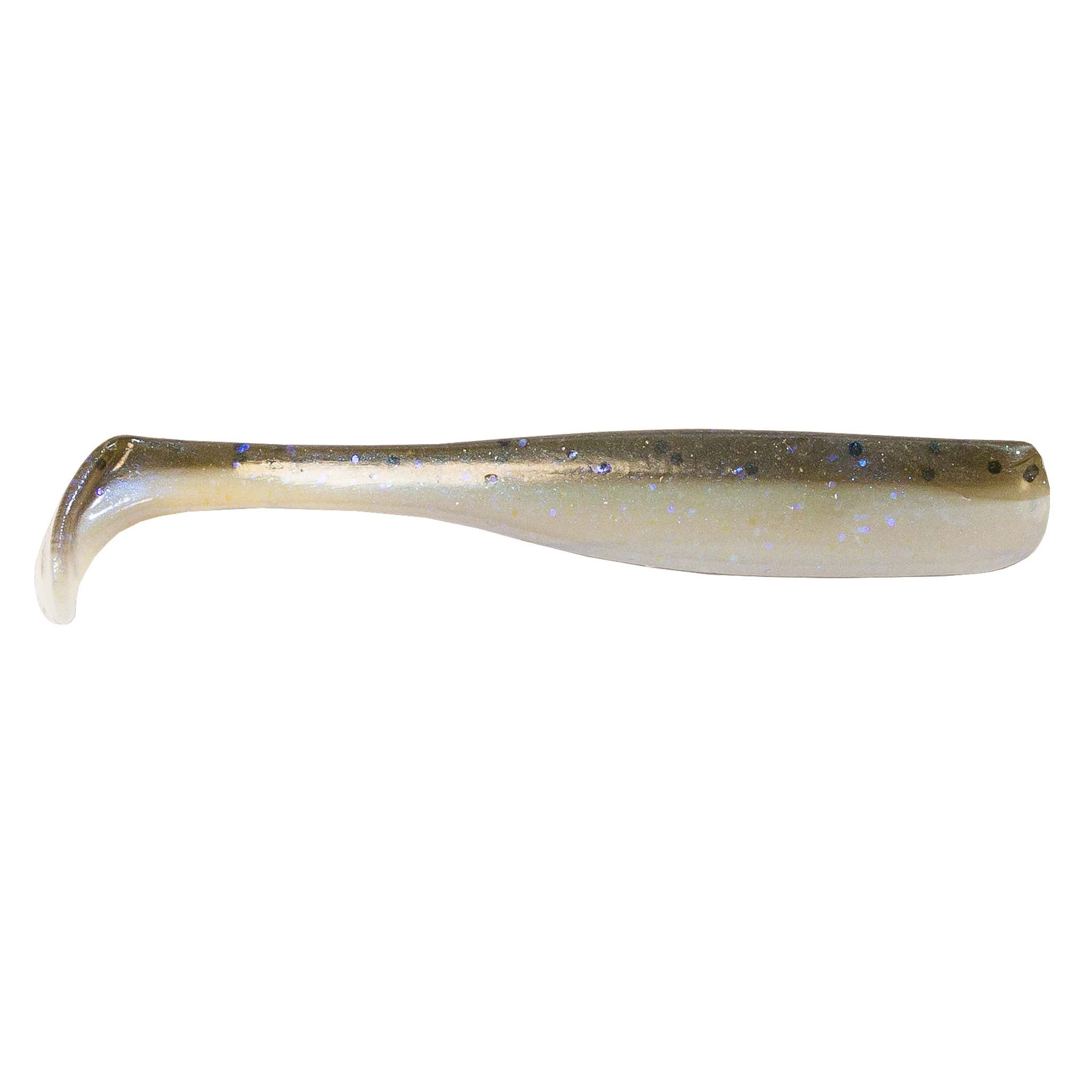Slim swimbait lure, translucent pearl with gold glitter and blue flecks