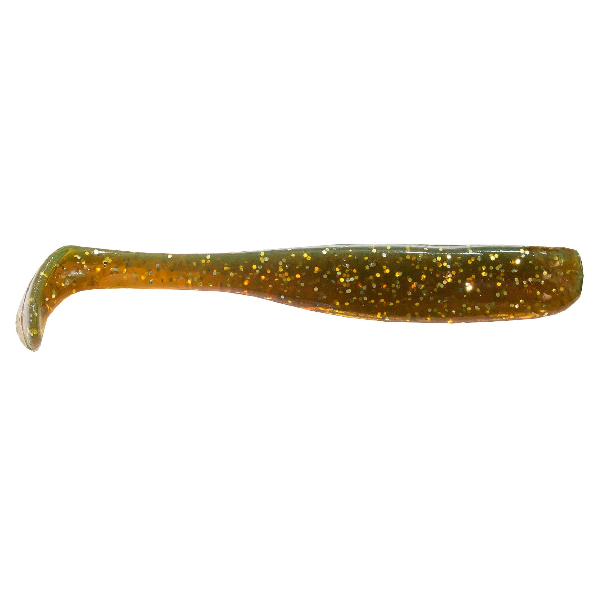 Slim swimbait lure, amber-brown translucent with golden glitter flecks