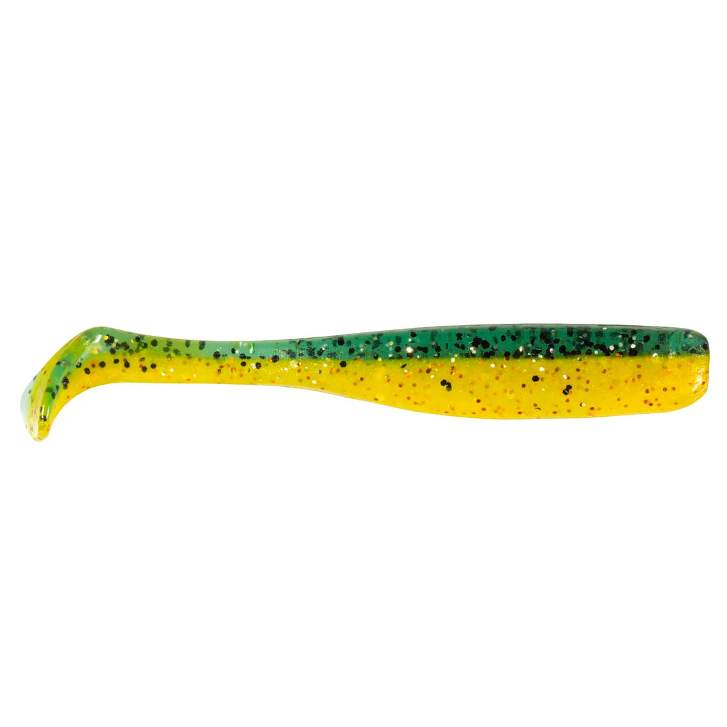 Slim swimbait lure, yellow with blue-green speckles and glitter coating