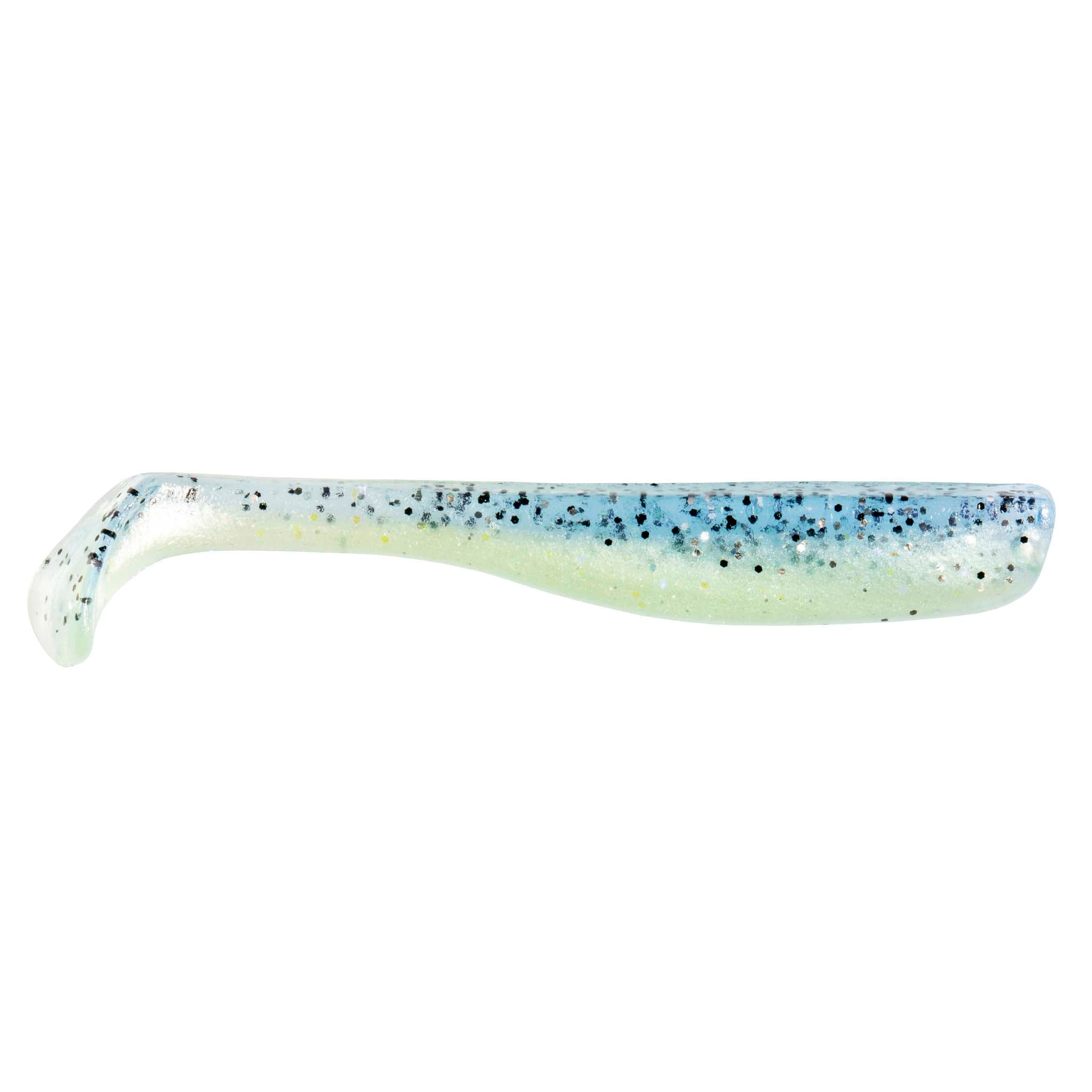 Slim swimbait lure, translucent white with light blue speckled dots