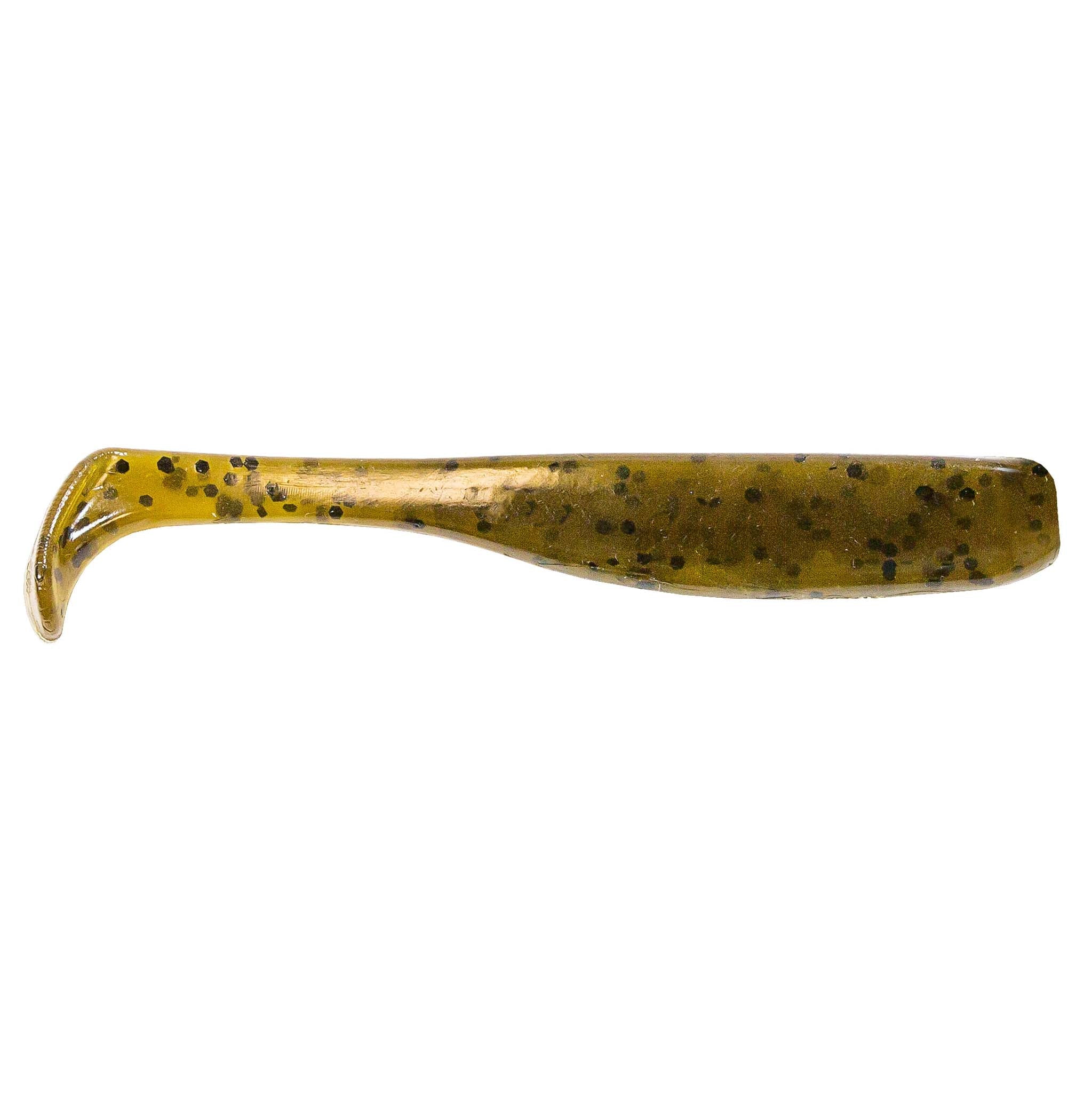 Slim swimbait lure, translucent olive-gold with dense black speckling