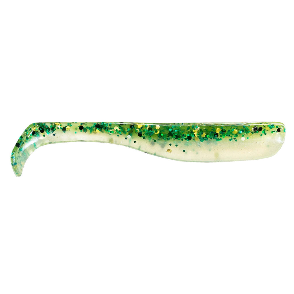Slim swimbait lure, pale green translucent with dark green speckle