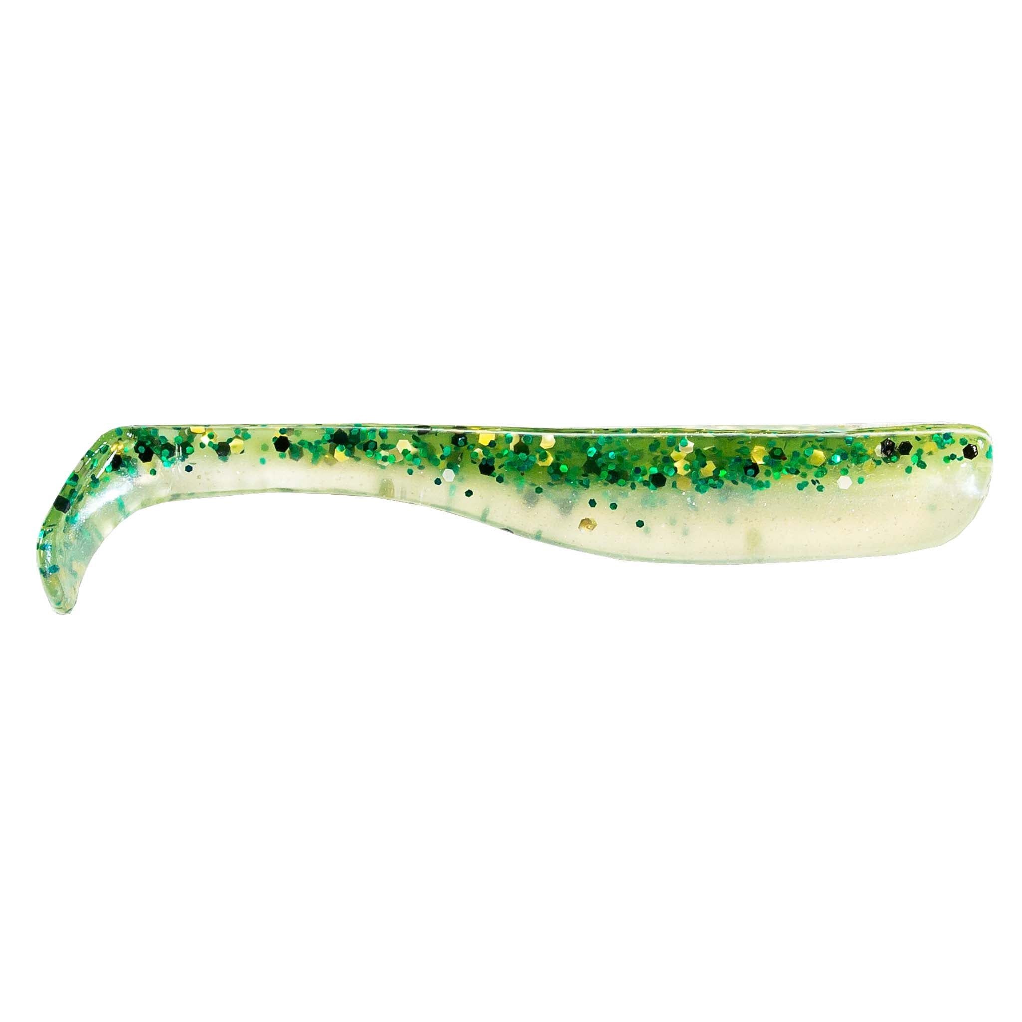 Slim swimbait lure, pale green translucent with dark green speckle