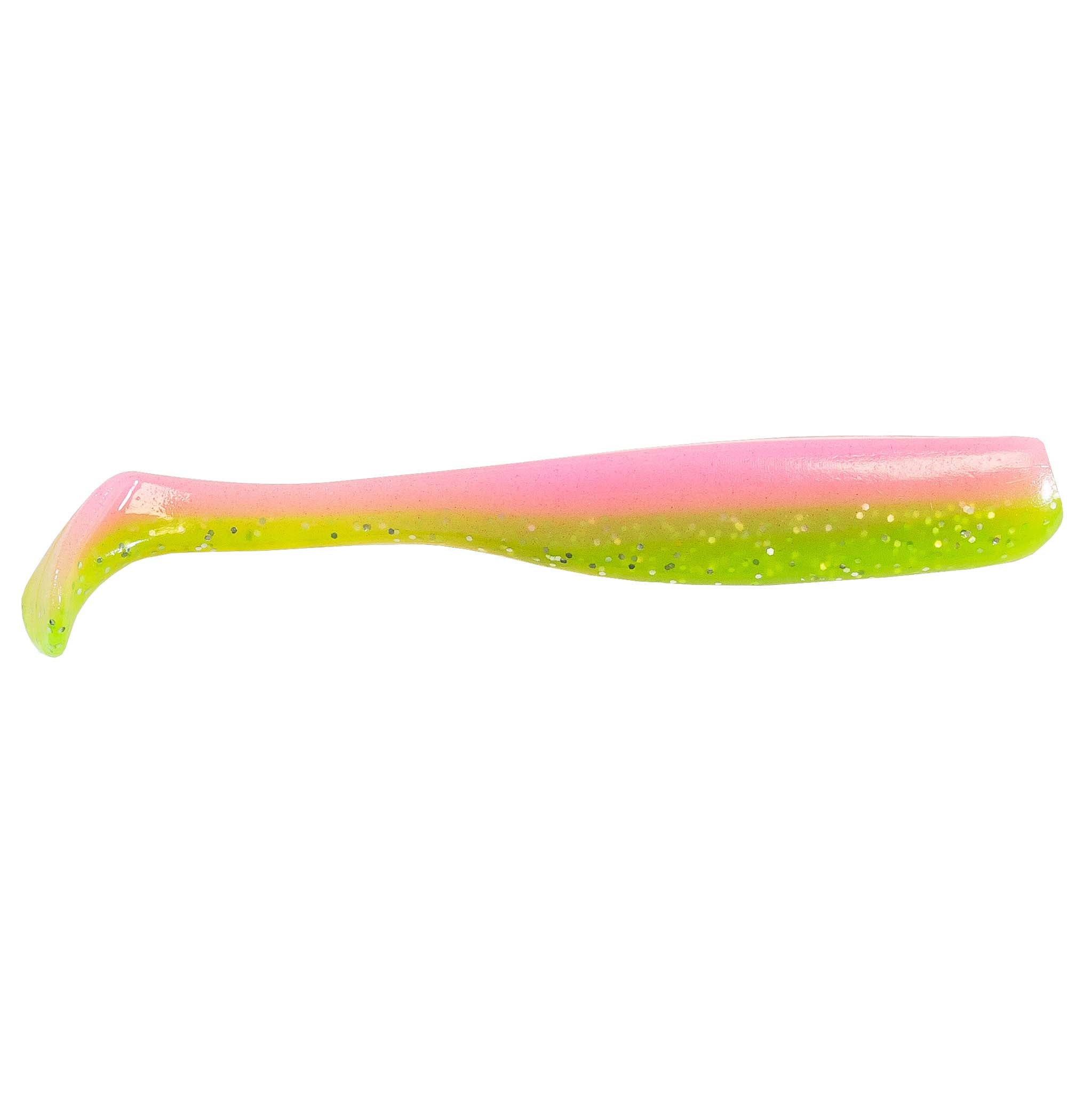Slim swimbait lure, translucent pink upper with neon green underside
