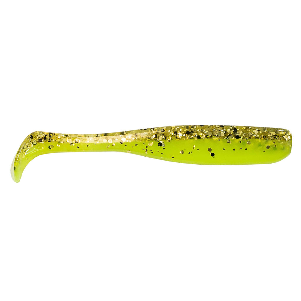 Slim swimbait lure, bright chartreuse with dense black glitter specks