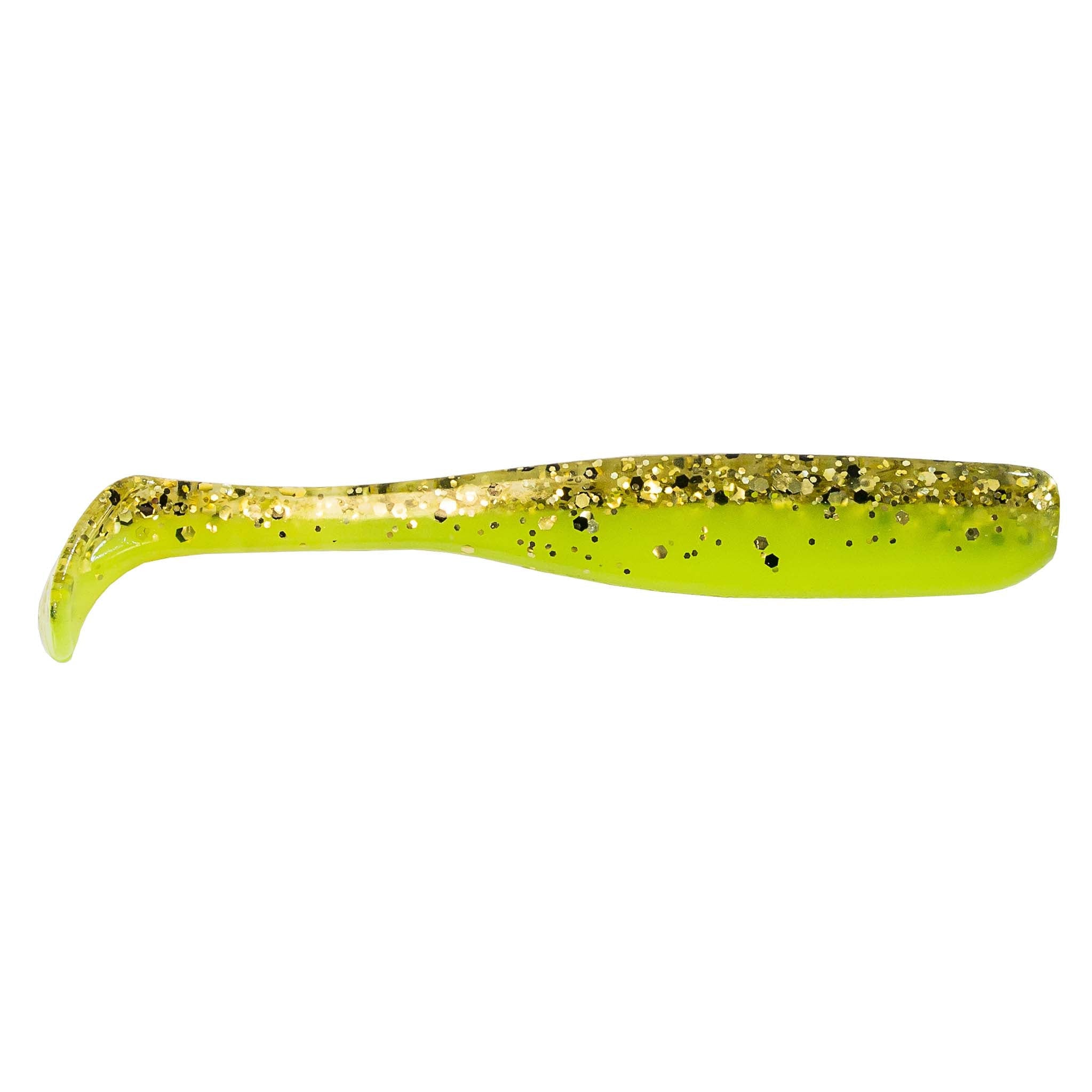 Slim swimbait lure, bright chartreuse with dense black glitter specks