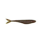 Dark speckled fishing lure with forked tail and tapered body