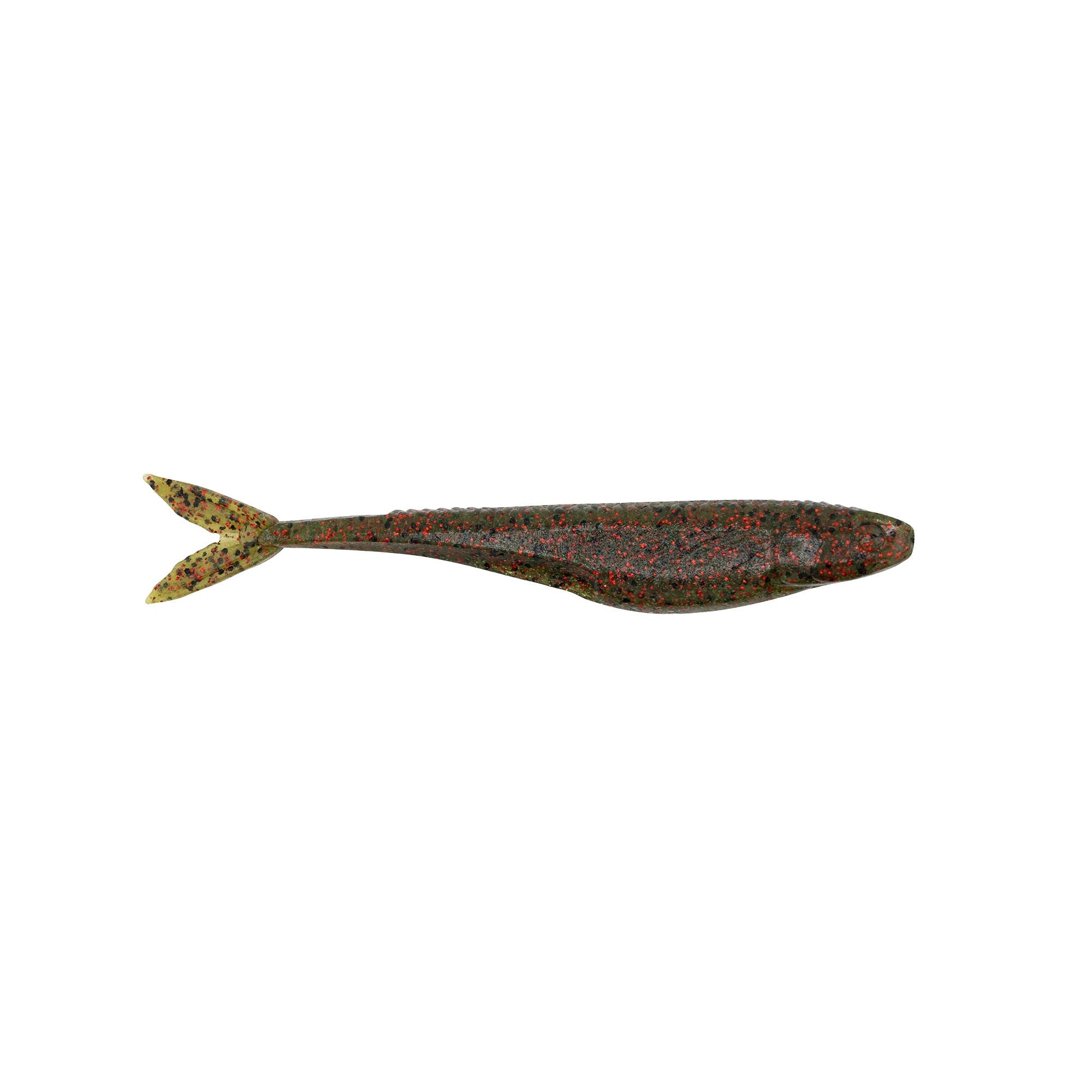 Dark speckled fishing lure with forked tail and tapered body