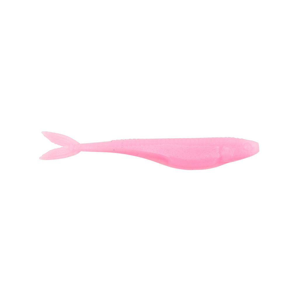 Hot pink translucent fishing lure with forked tail and tapered body
