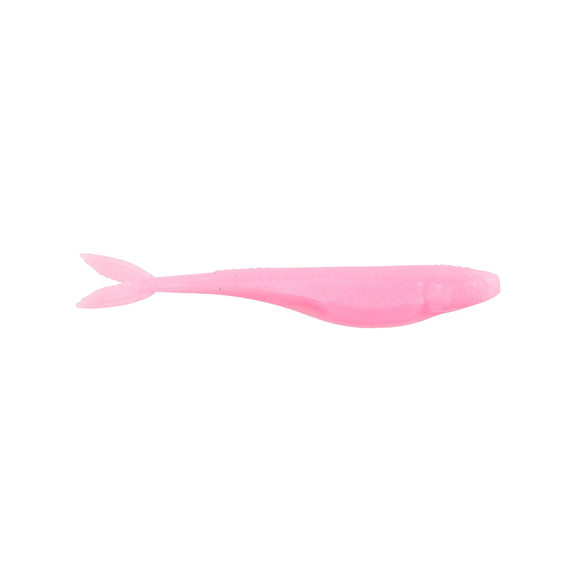 Hot pink translucent fishing lure with forked tail and tapered body