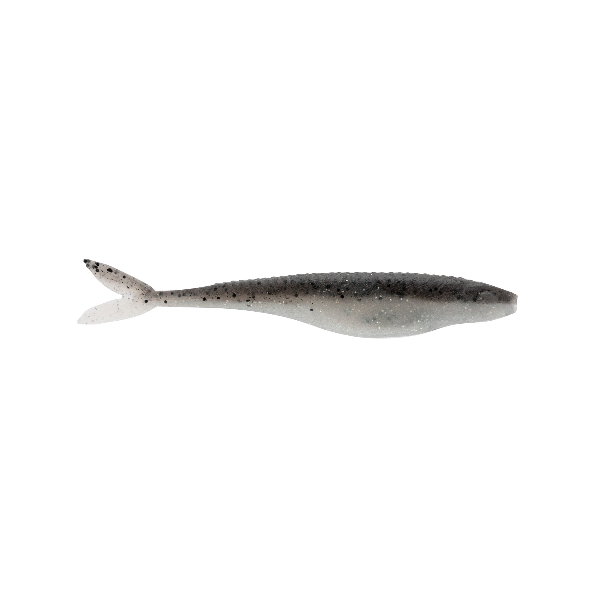 Silver gray fishing lure with white tail and speckled finish