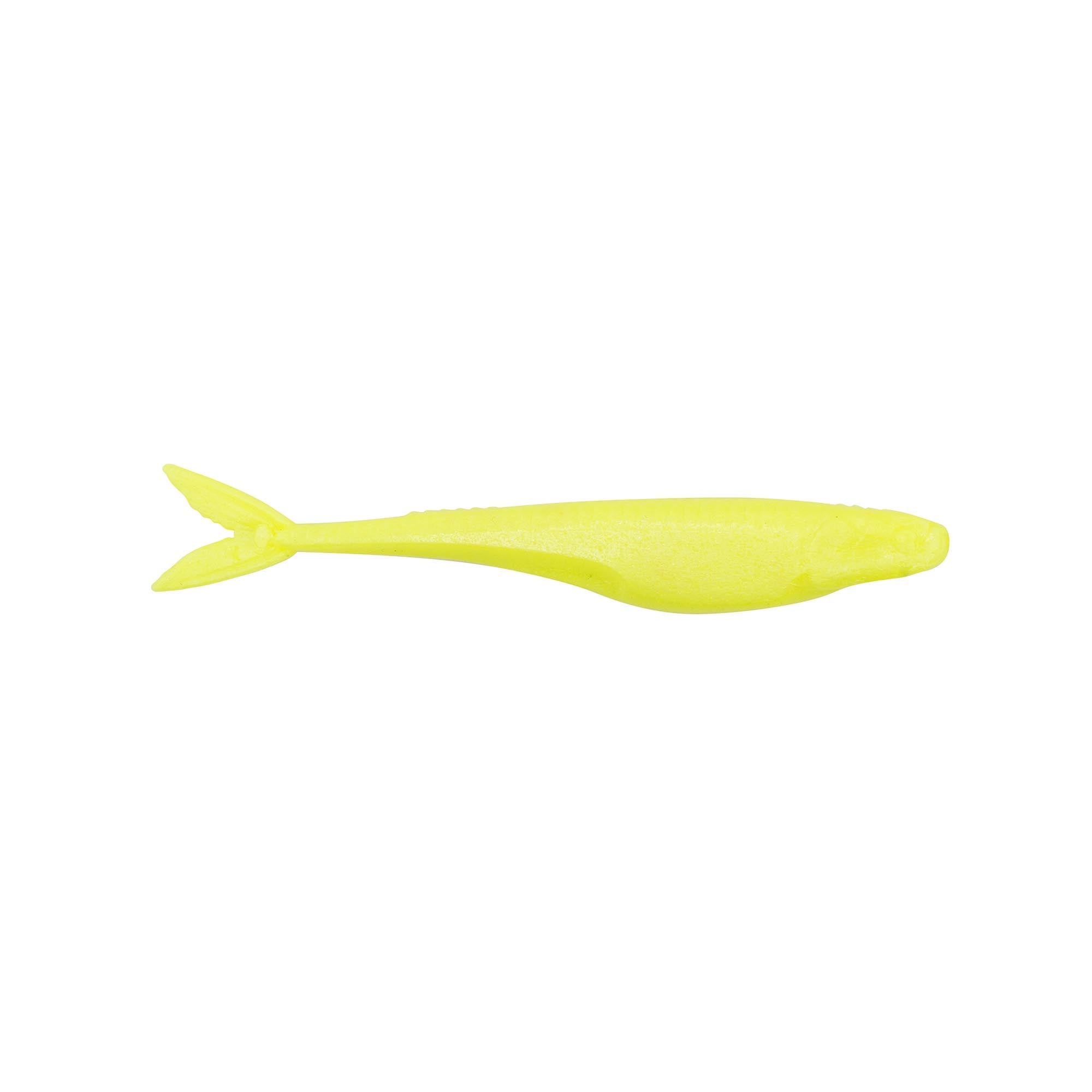 Lime yellow translucent fishing lure with forked tail and tapered body