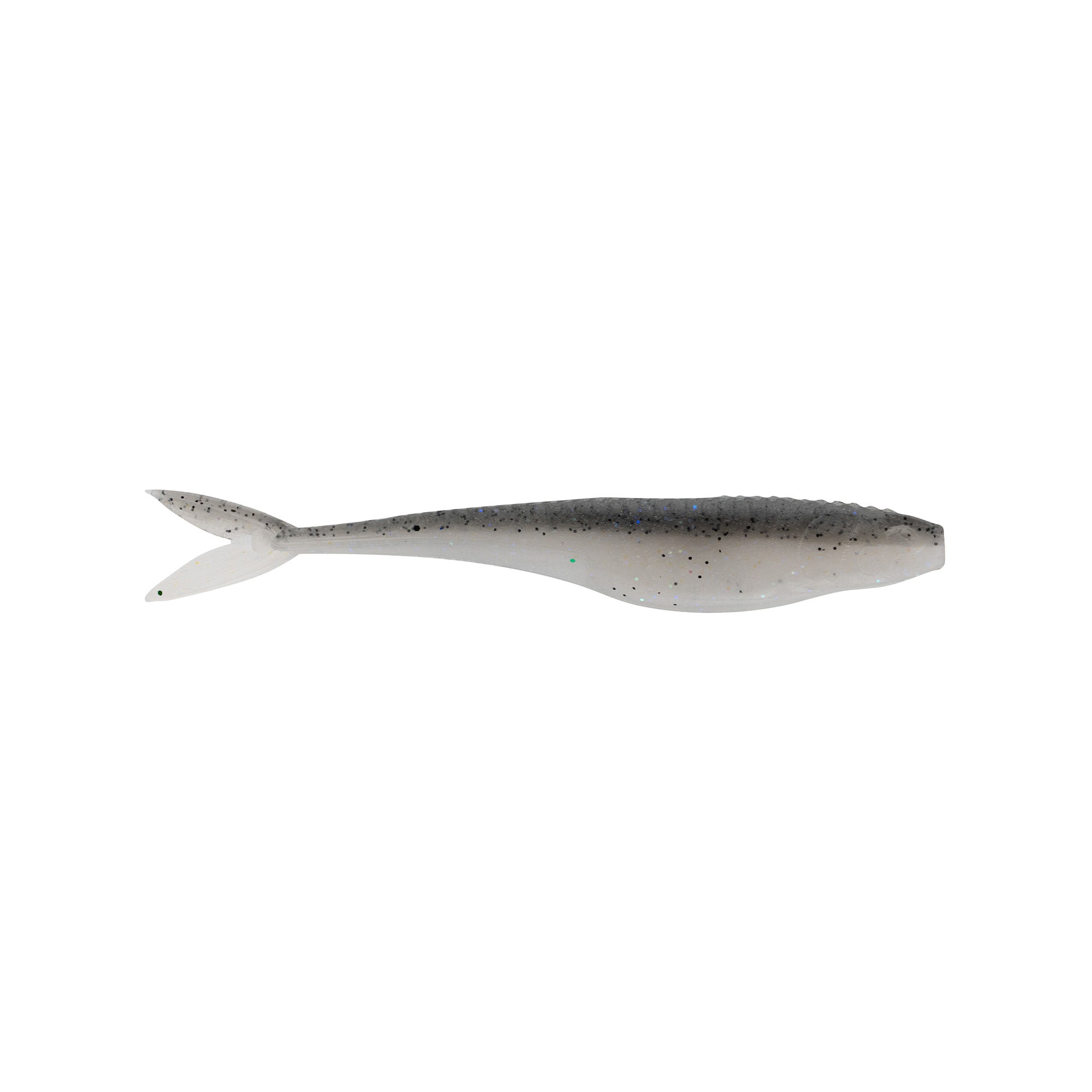 Gray and black speckled fishing lure with forked tail and tapered body