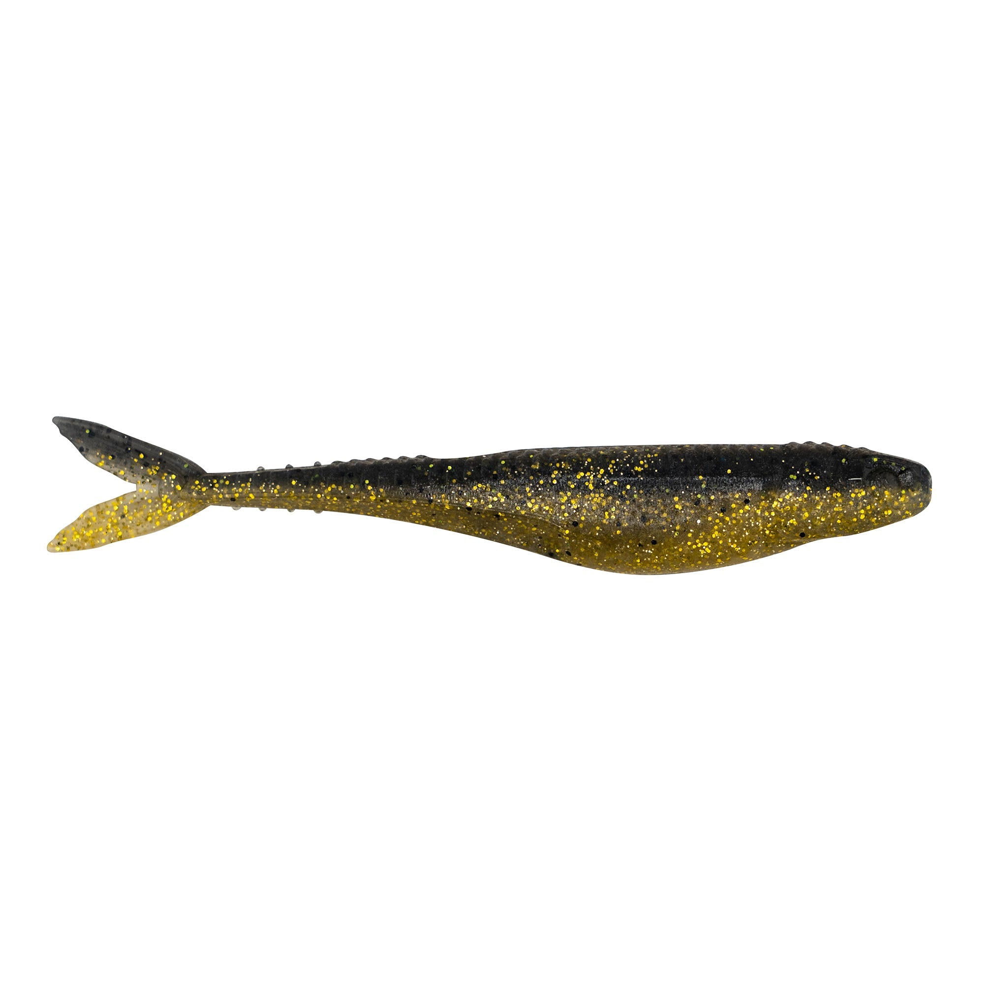 Black and olive glitter fishing lure with yellow tail and golden speckles
