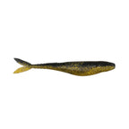 Gold-speckled black fishing lure with yellow tail, horizontal side view