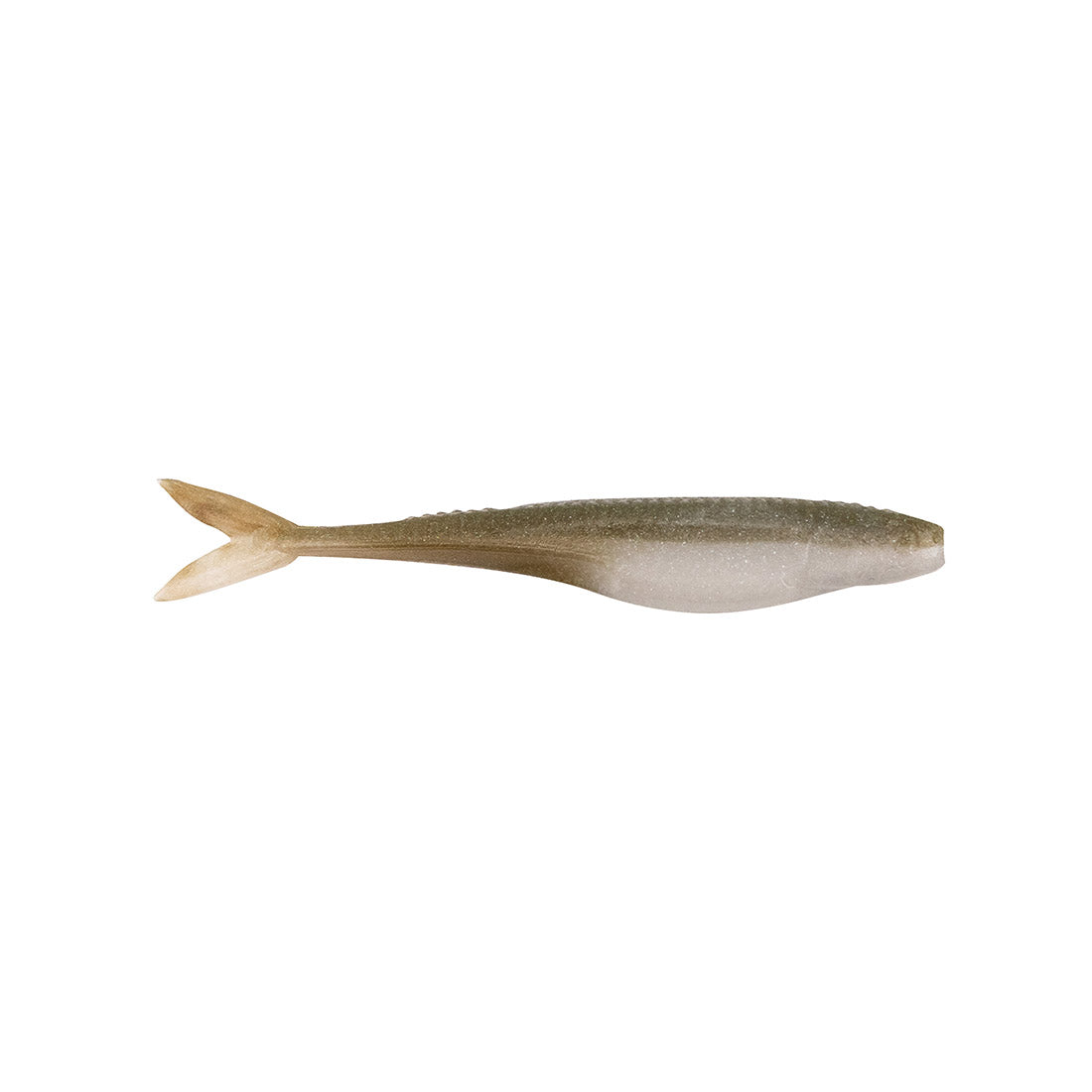 Cream and silver fishing lure with translucent sheen and tan tail