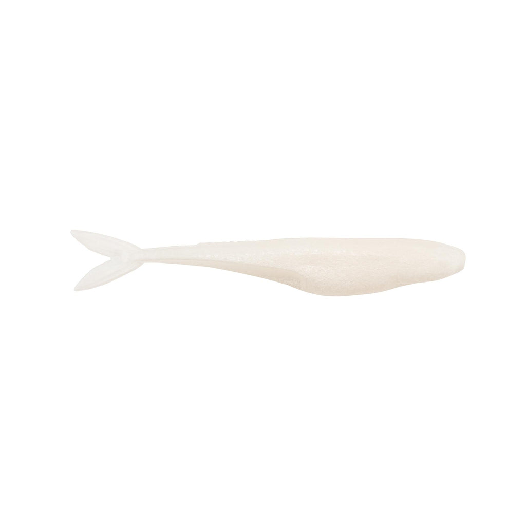 Pearl white translucent fishing lure with forked tail and tapered body