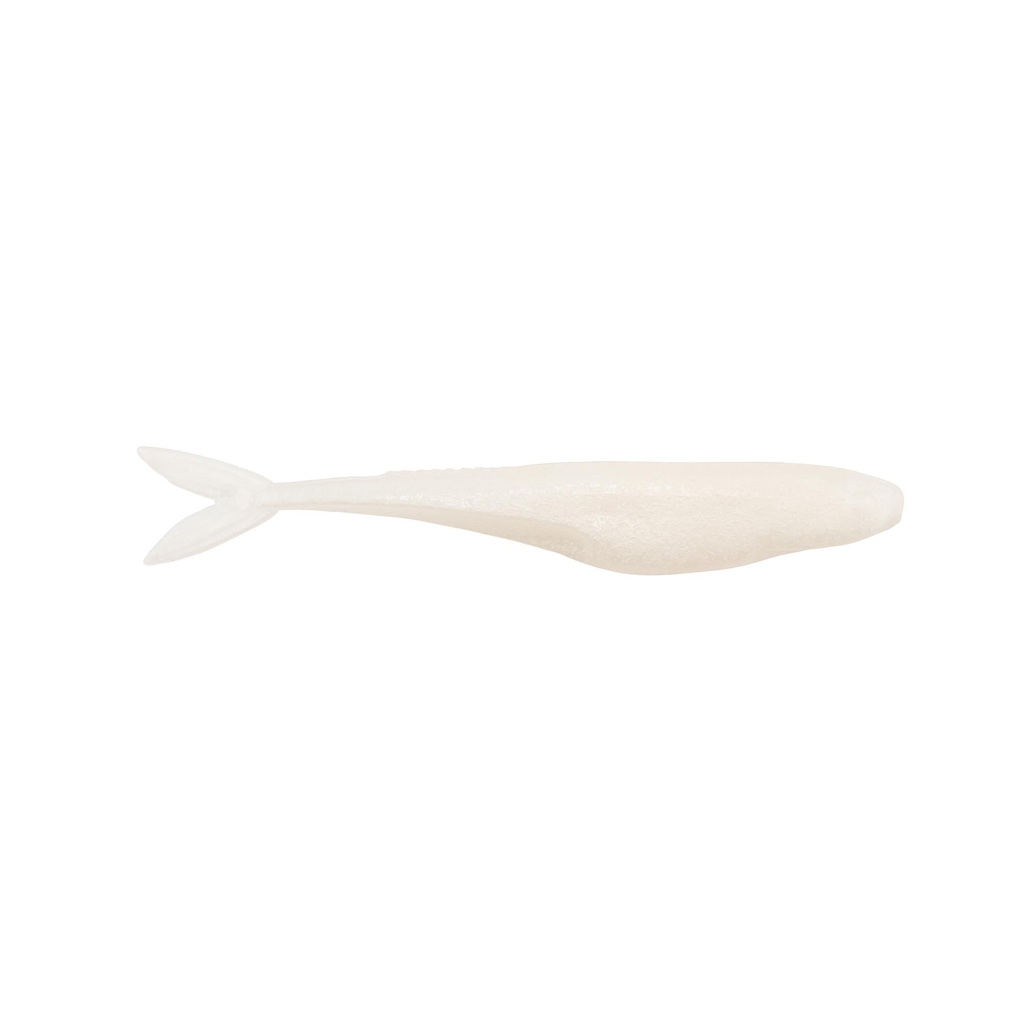 Pearl white translucent fishing lure with forked tail and tapered body