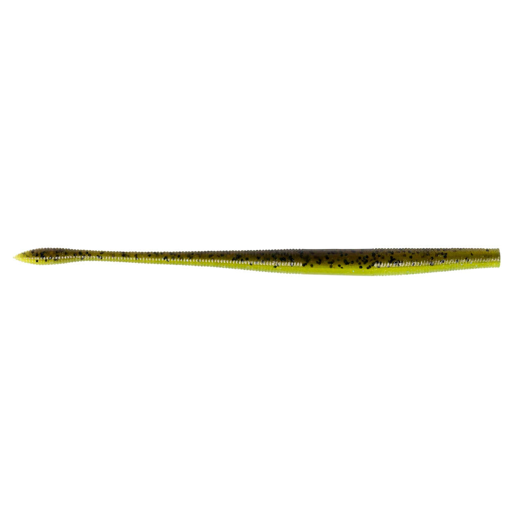 Fishing soft plastic worm lure, bright chartreuse and dark speckled body