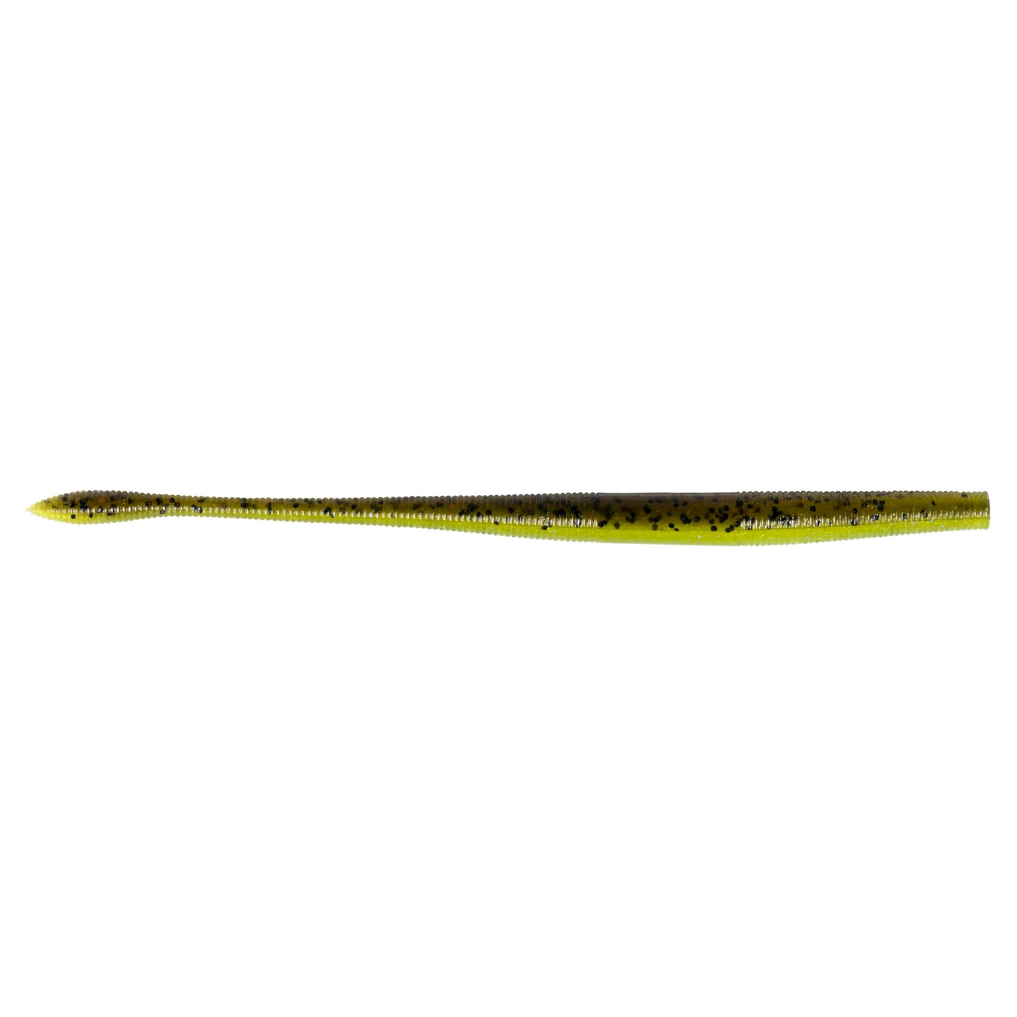 Fishing soft plastic worm lure, bright chartreuse and dark speckled body