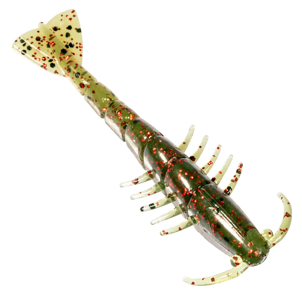 Dark green soft plastic shrimp lure with red speckles, paddle tail and multiple legs