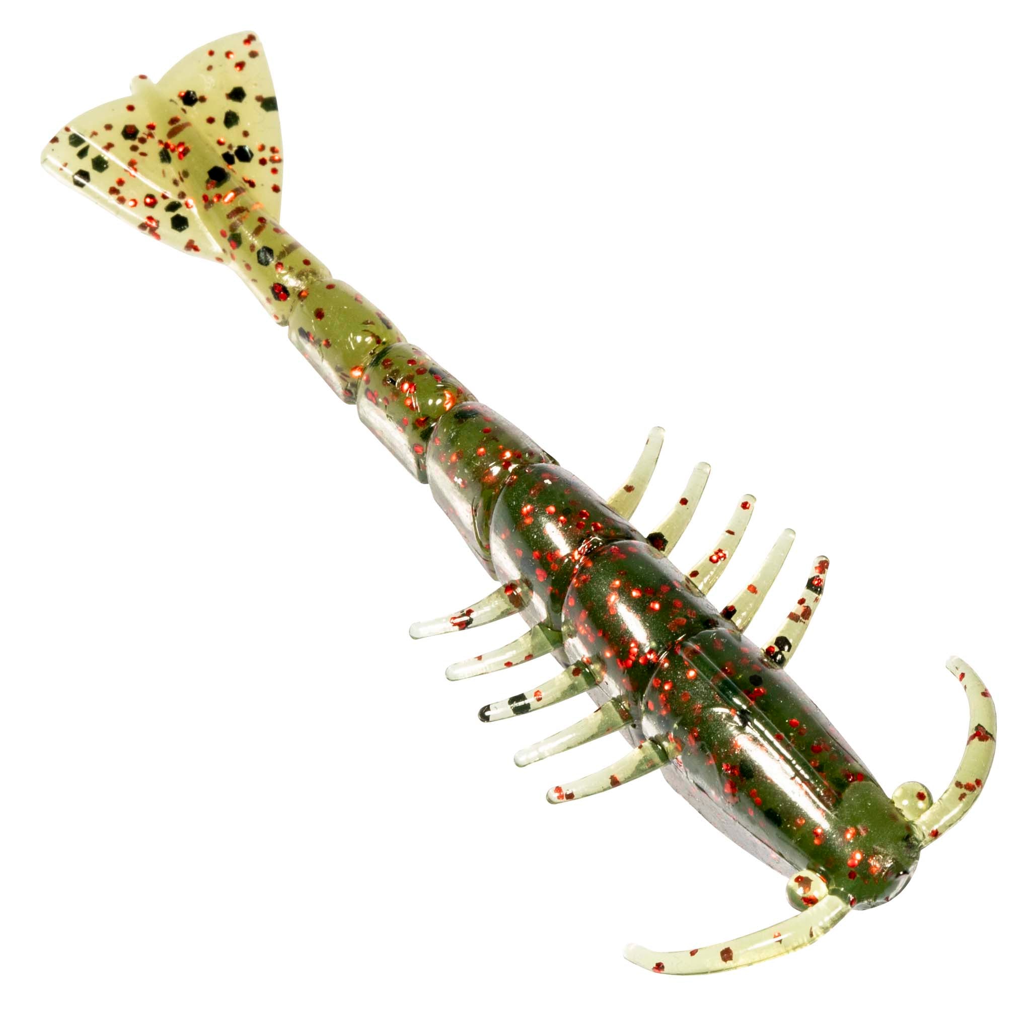 Dark green soft plastic shrimp lure with red speckles, paddle tail and multiple legs