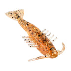 Speckled orange shrimp soft fishing lure with glitter legs and tail