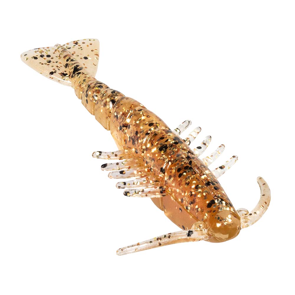 Speckled orange shrimp soft fishing lure with glitter legs and tail