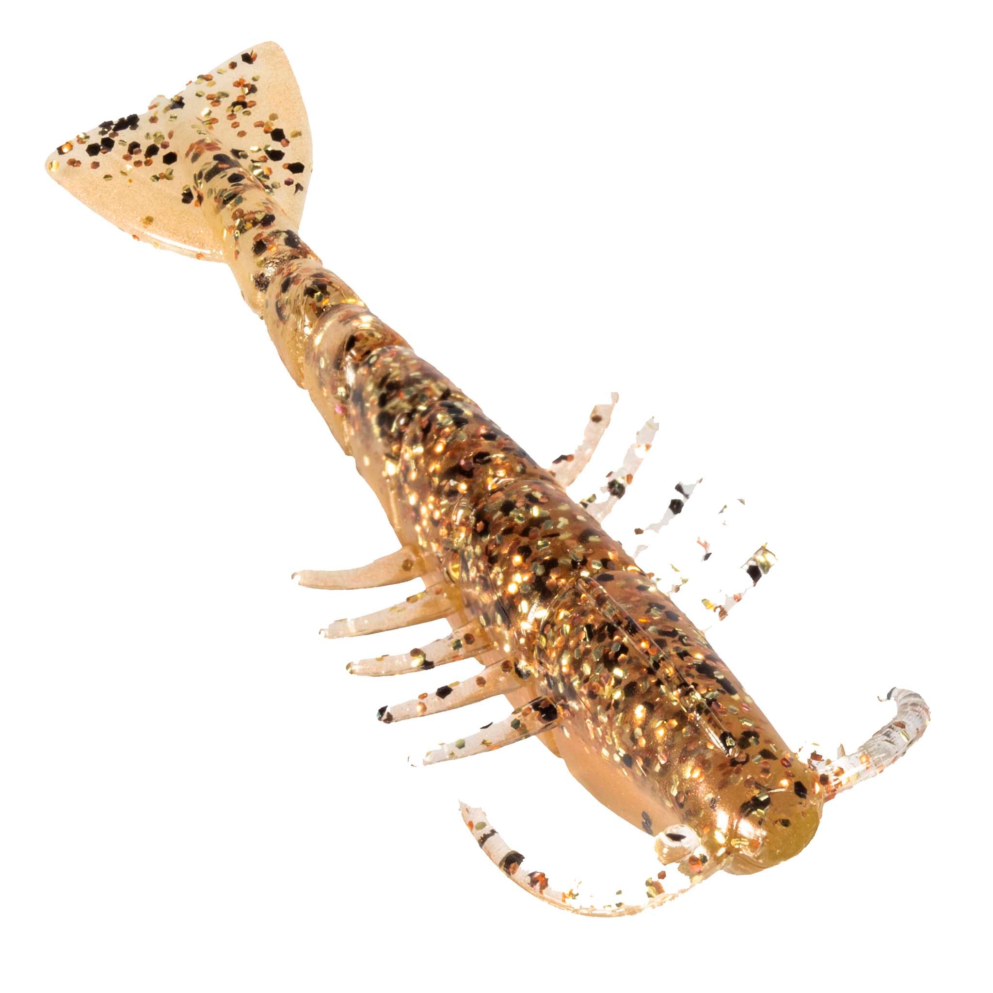 Gold-brown soft plastic shrimp lure with glitter speckles, wide tail fin and many legs