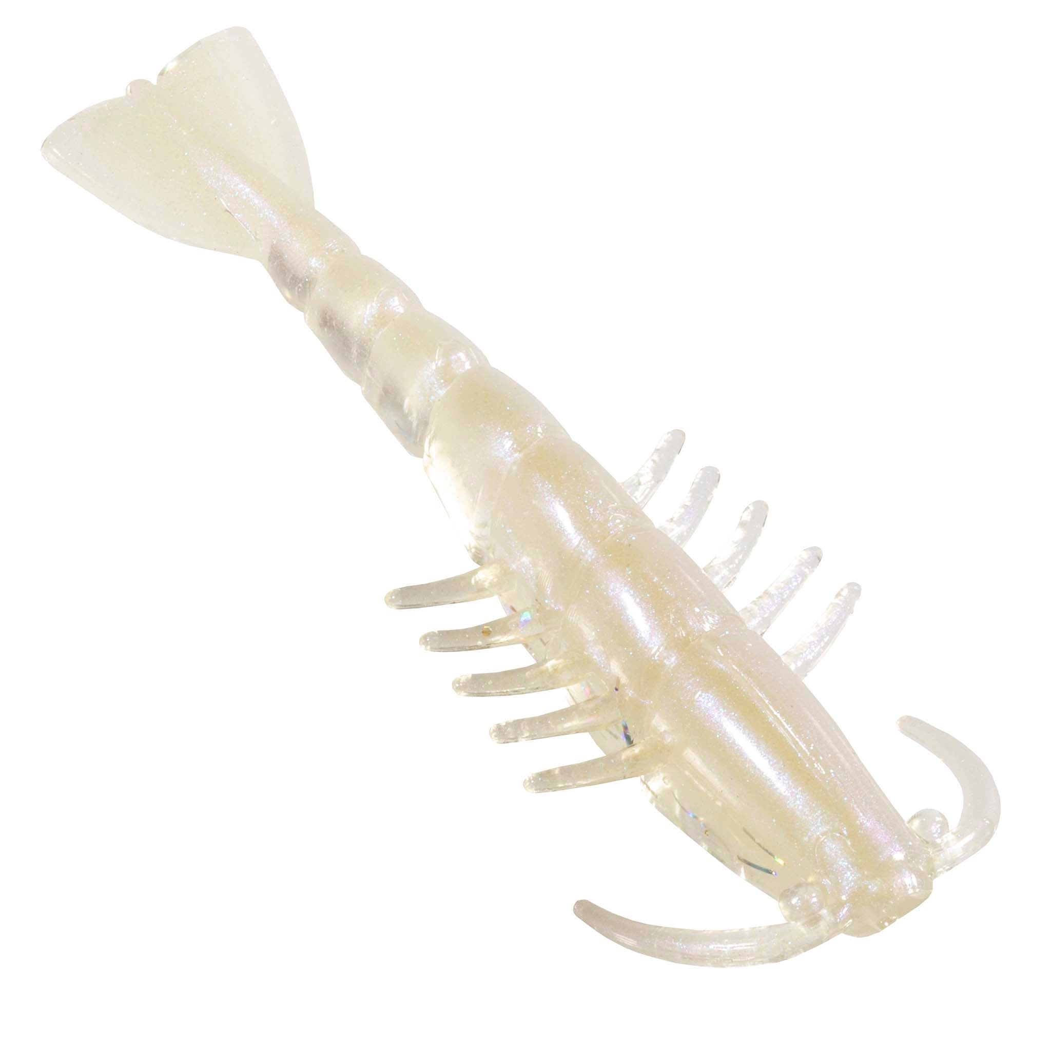 Translucent white soft plastic shrimp lure with speckled glitter, paddle tail and many legs