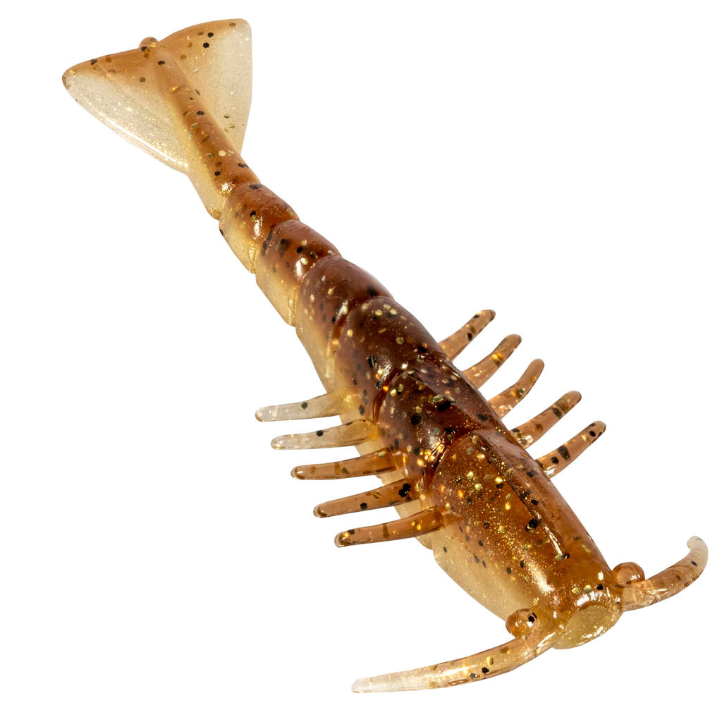 Brown soft plastic shrimp lure with gold glitter speckles, paddle tail fin and many legs