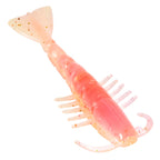 Pink translucent soft plastic shrimp lure with speckles, paddle tail fin and many legs