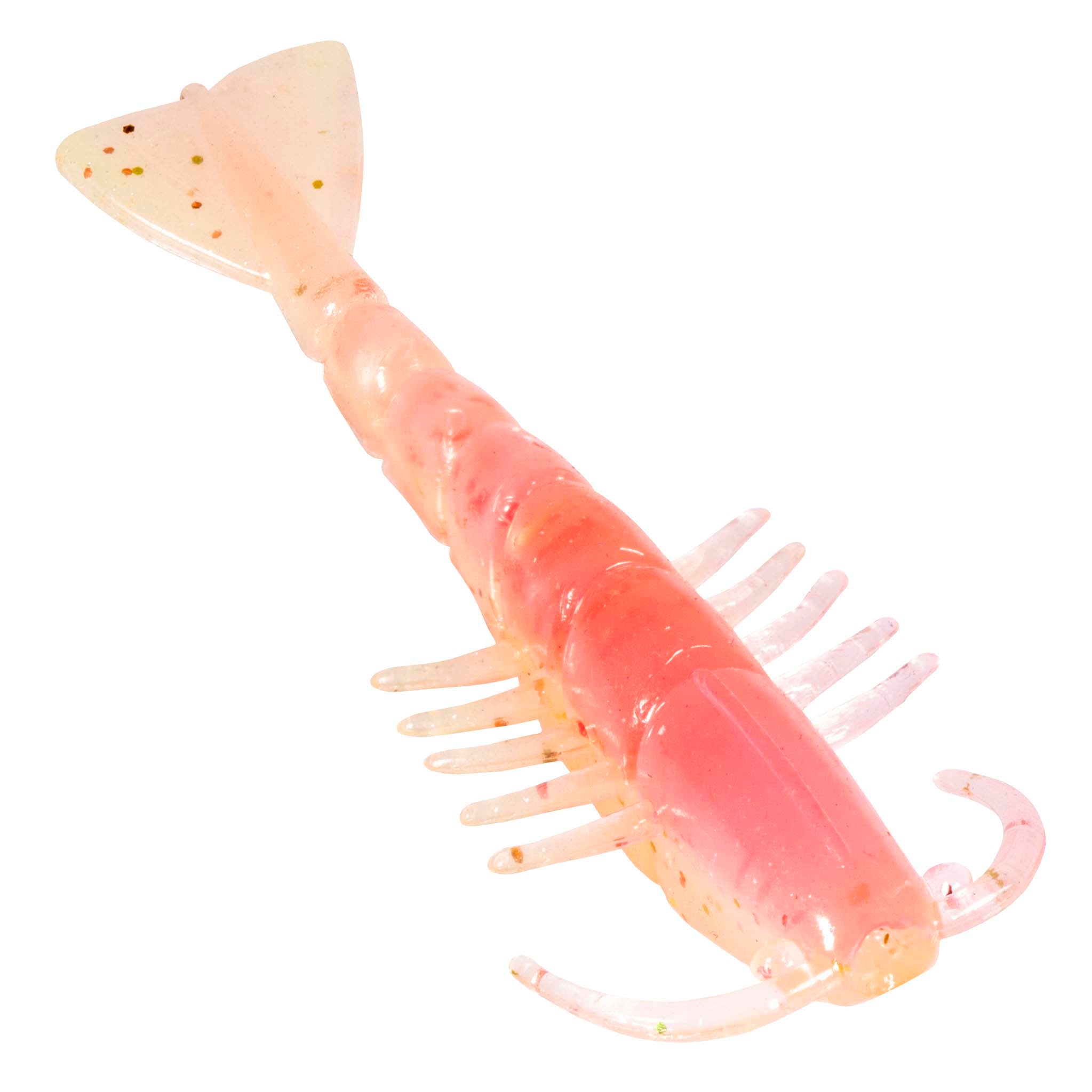 Pink translucent soft plastic shrimp lure with speckles, paddle tail fin and many legs