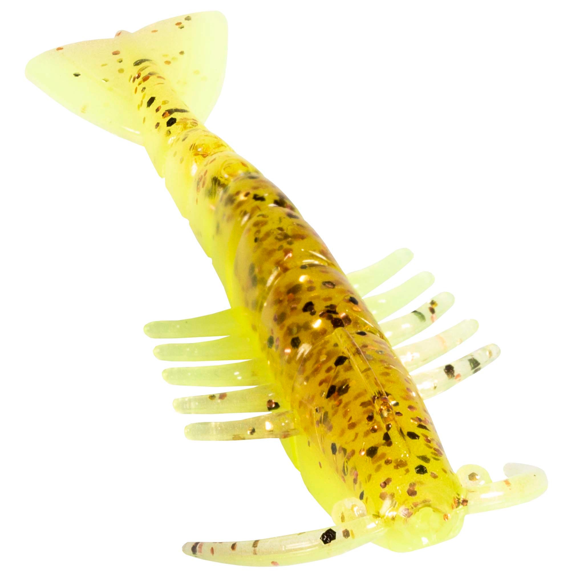 Yellow-green soft plastic shrimp lure with dark speckles, paddle tail and many legs