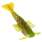 Olive green soft plastic shrimp lure with yellow highlights, paddle tail fin and multiple legs
