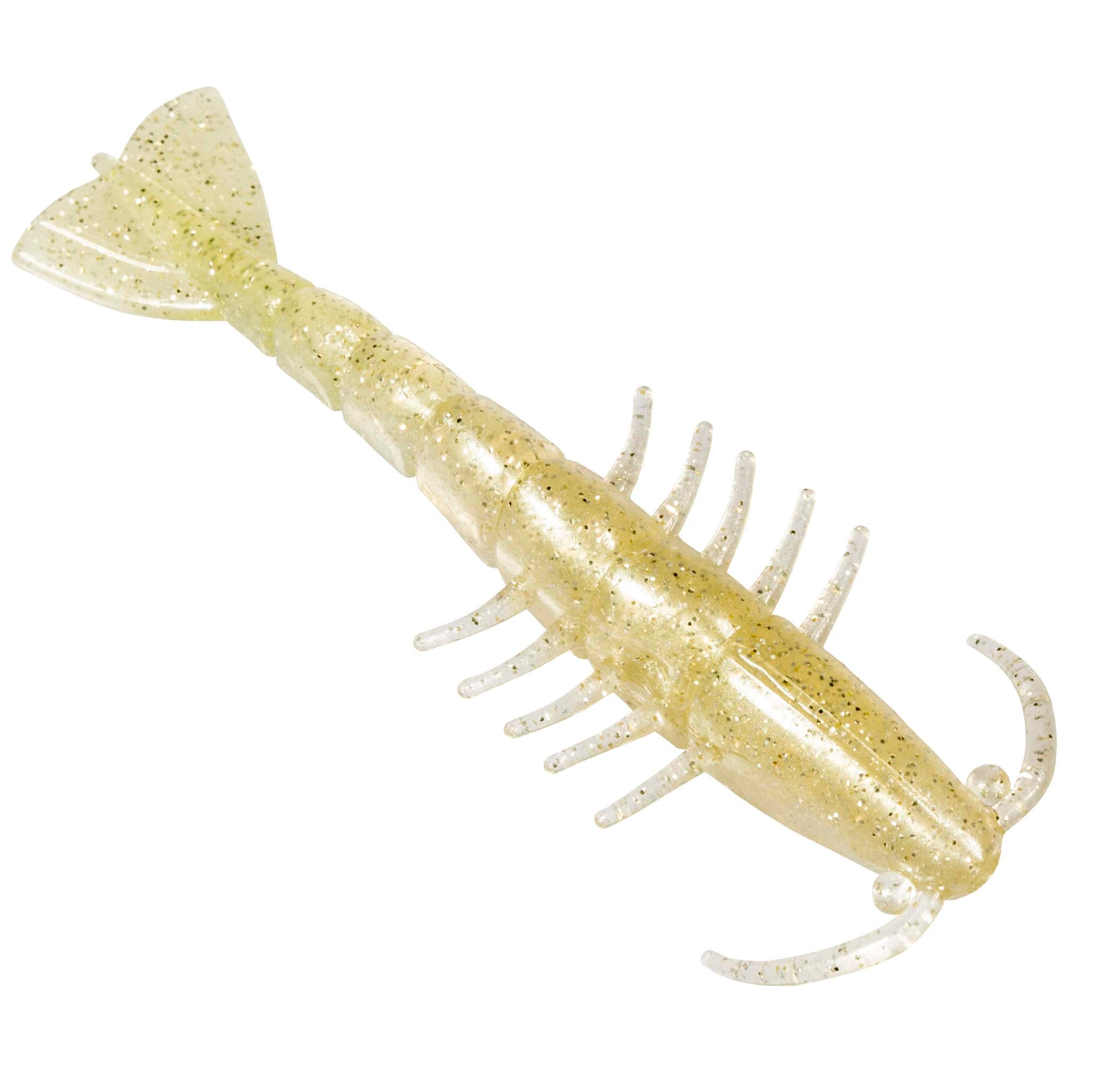 Pearl cream soft plastic shrimp lure with tiny gold speckles, paddle tail fin and legs