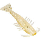 Off-white translucent soft plastic shrimp lure with gold speckles, paddle tail fin and legs