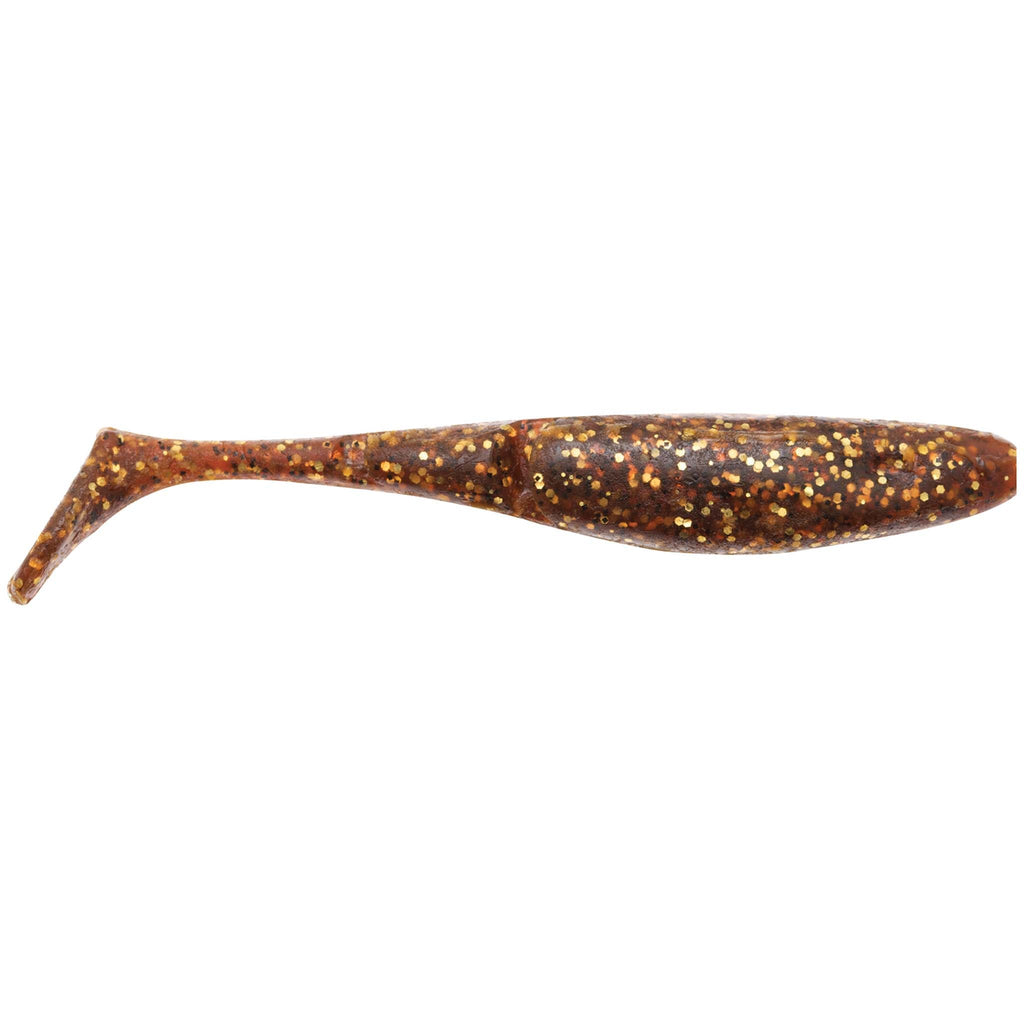 Dark brown glitter paddle-tail fishing lure with teardrop body and small fin tail