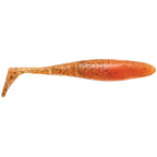 Orange shimmery paddle-tail fishing lure with glitter specks and fin tail