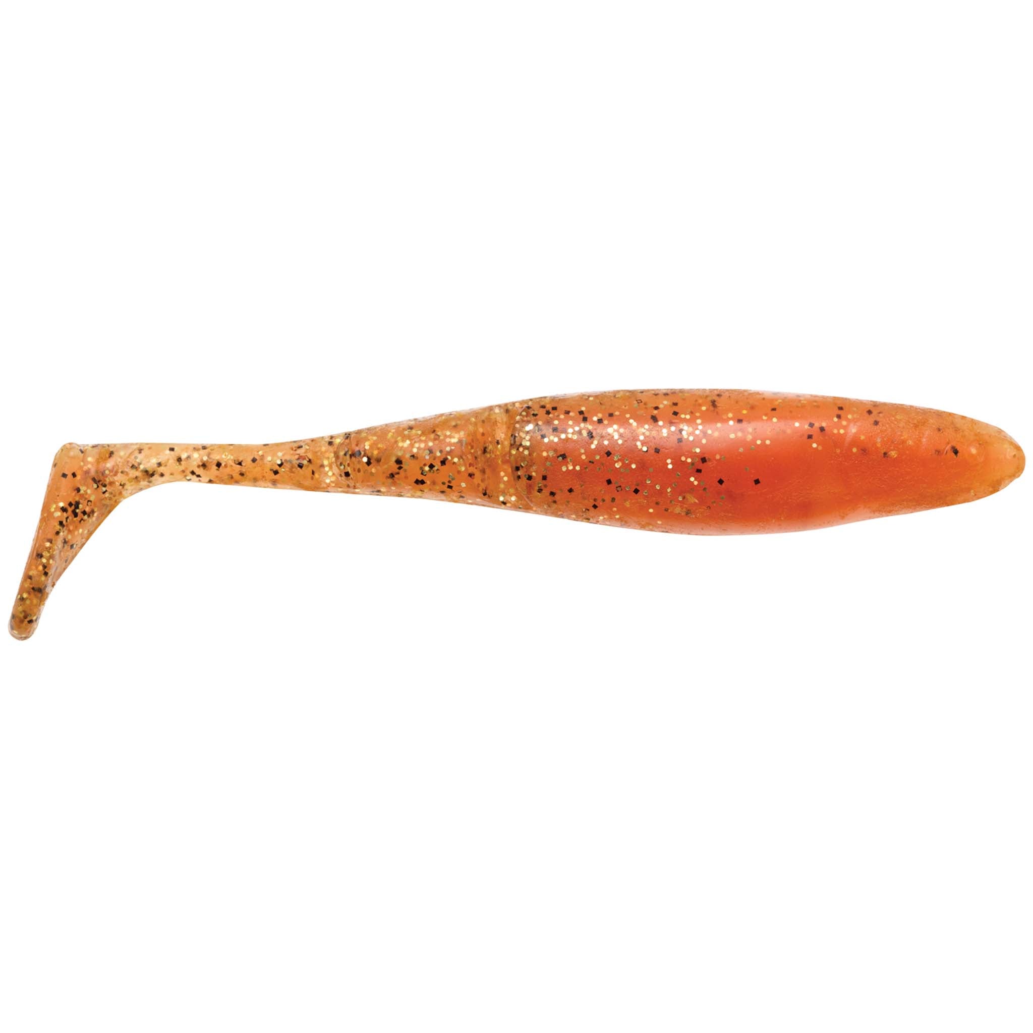 Orange shimmery paddle-tail fishing lure with glitter specks and fin tail