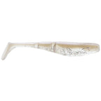 Clear white paddle-tail fishing lure with internal fiber strands and fin tail