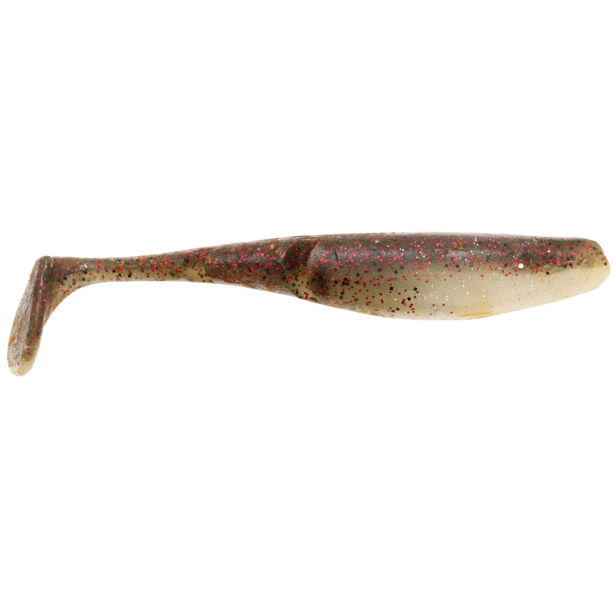 Brown and cream speckled paddle-tail fishing lure with fin tail